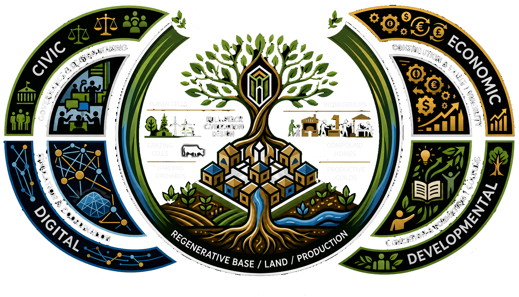 Regenerative Civilization Framework: a central Rubania tree (Regenerative Base — land and production) surrounded by four domains — Civic (governance and decision-making), Digital (simulation and coordination), Economic (contribution and value), and Developmental (education and formation).