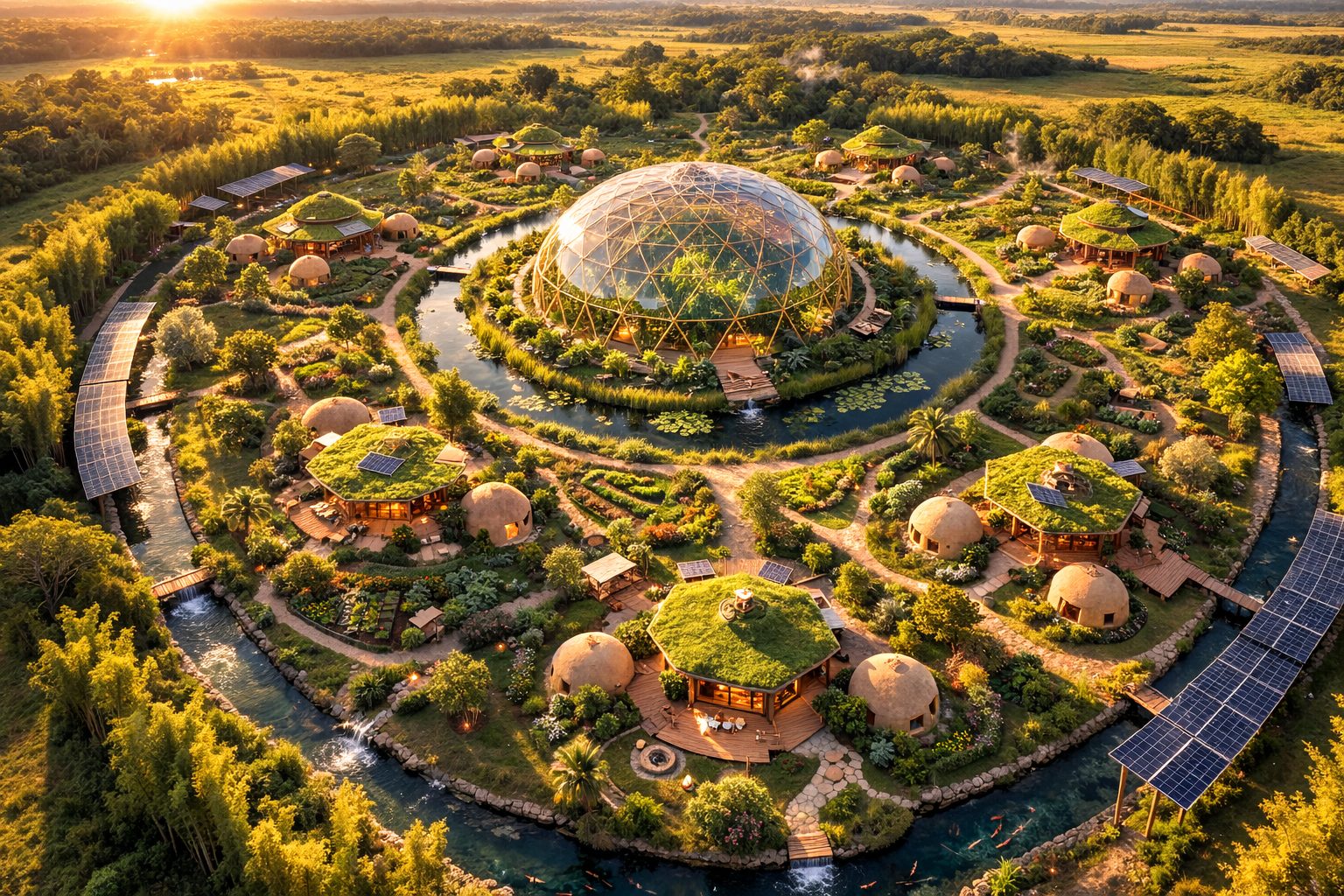 Aerial view of a Rubania guild at sunset: dome homes with living roofs and kitchen gardens around a central pyramidal greenhouse, ringed by a blue moat with solar panels and bamboo groves