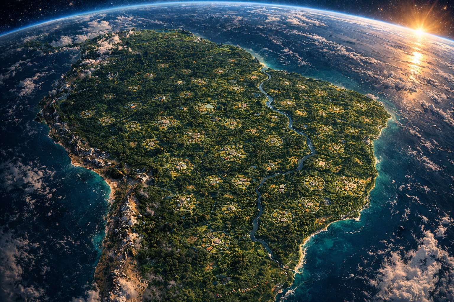 A rubanised continent seen from orbit at dawn, its cells scattered across the forest
